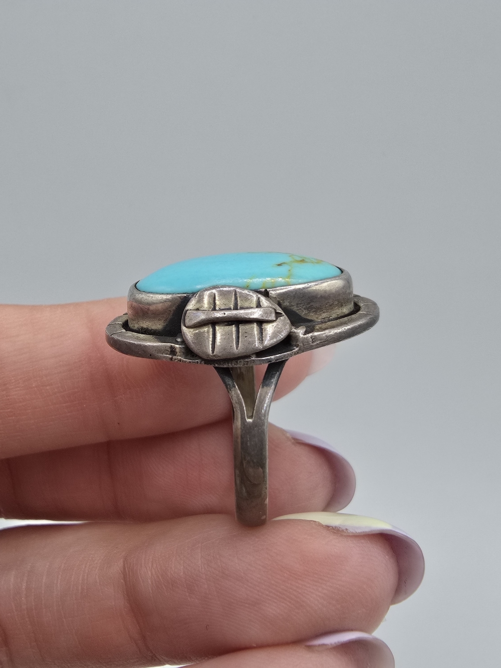 VTG 925 Sterling Silver Turquoise Ring Southwestern Navajo Style Size 8.25 - Picture 4 of 14